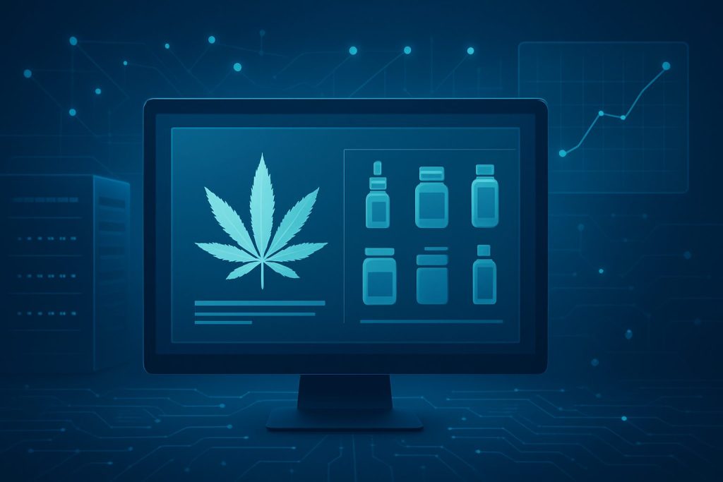 computer screen displaying cannabis product information with stylized graphics